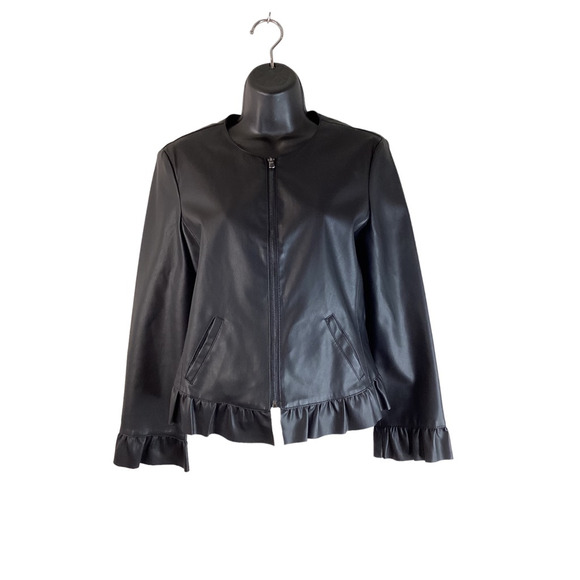 Ann Taylor Womens Faux Leather Jacket Solid Black Full Zip Mock Neck Ruffled 4 - Picture 1 of 12